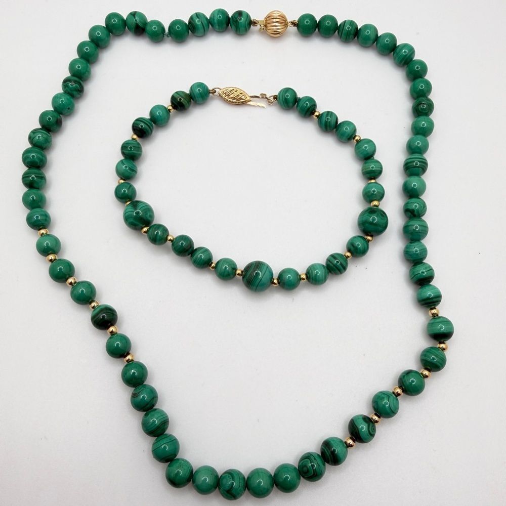 Vintage Malachite and 14kt gold beaded‎ necklace/bracelet set w/ 14kt YG clasps!